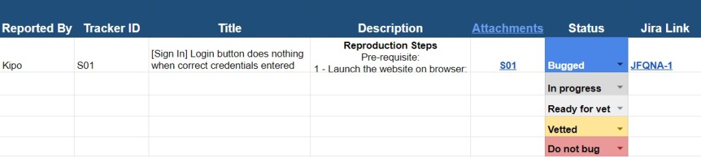 Bug tracker in Google Spreadsheets with a sample bug written