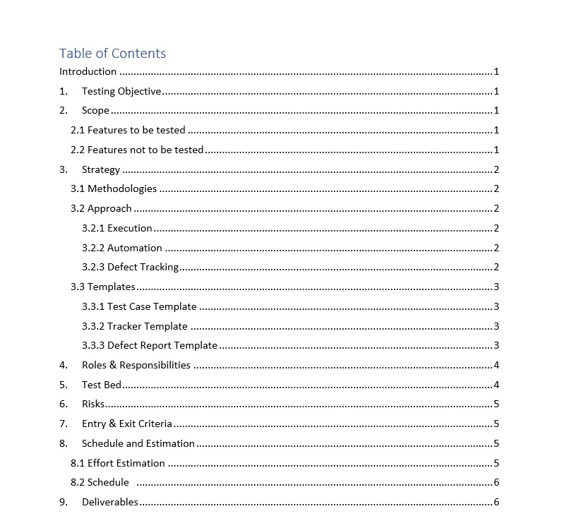 Table of contents of a test plan